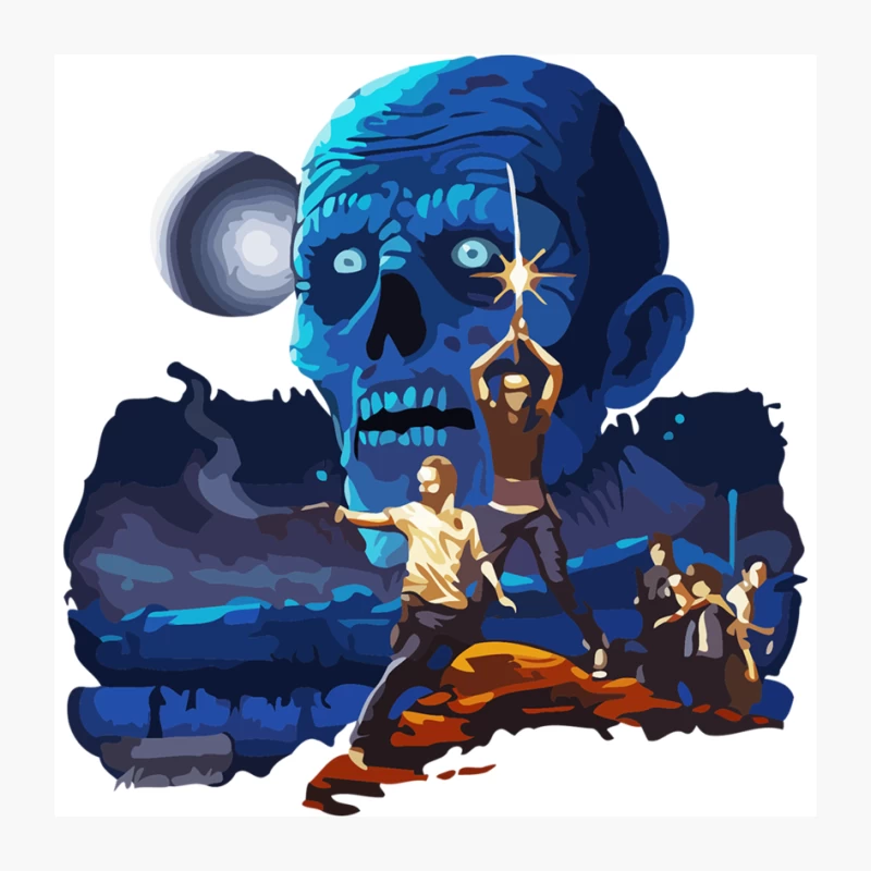 Thrilling Adventure: Characters Face Giant Blue Skull Pin