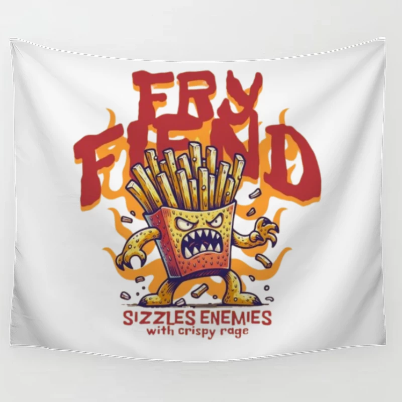 Angry French Fries Monster Character with Flames Illustration Tapestry