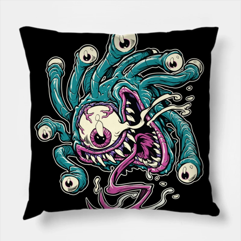 Colorful Cartoon Monster with Tentacles and Eyes Throw Pillow