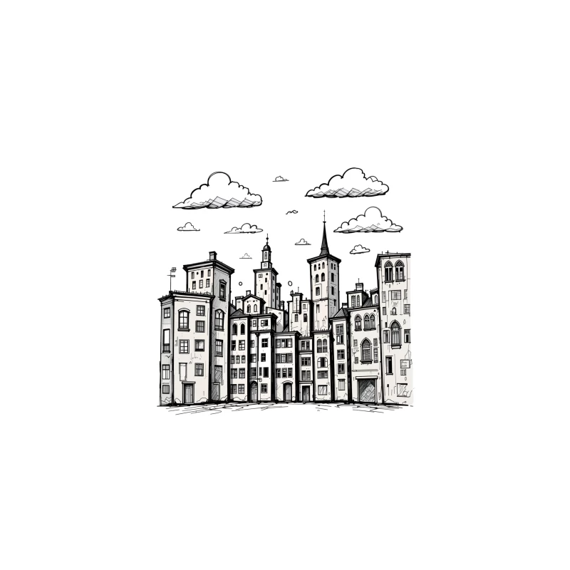 Stylized Black and White Cityscape Illustration Desk Mat