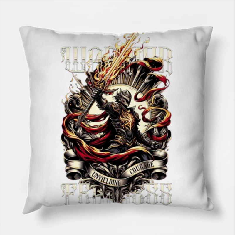 Unyielding Courage: Dark Fantasy Warrior with Flaming Sword Throw Pillow