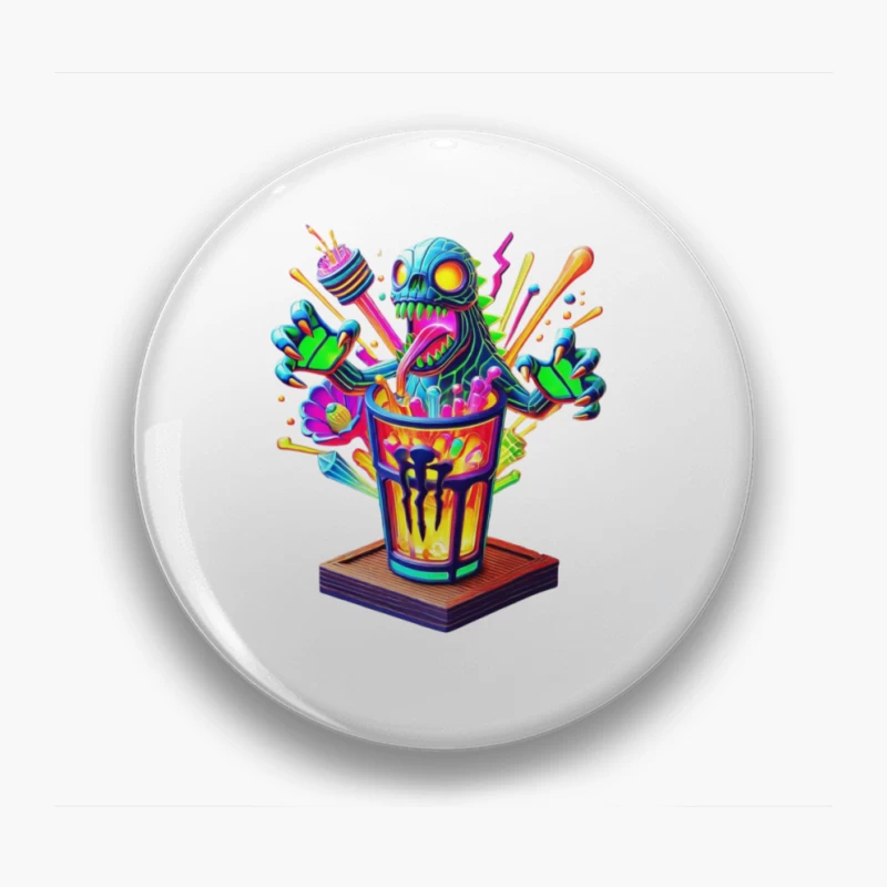 Psychedelic Monster Bursting from Colorful Drink Cup Pin