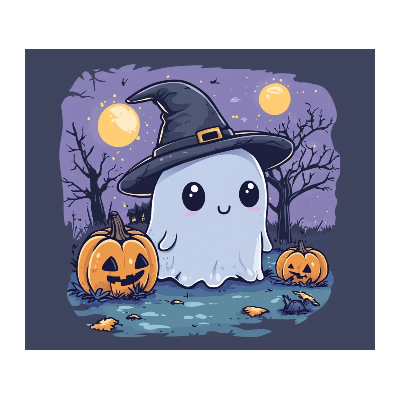 Cute Cartoon Ghost with Witch Hat and Pumpkins on Halloween Night Tapestry