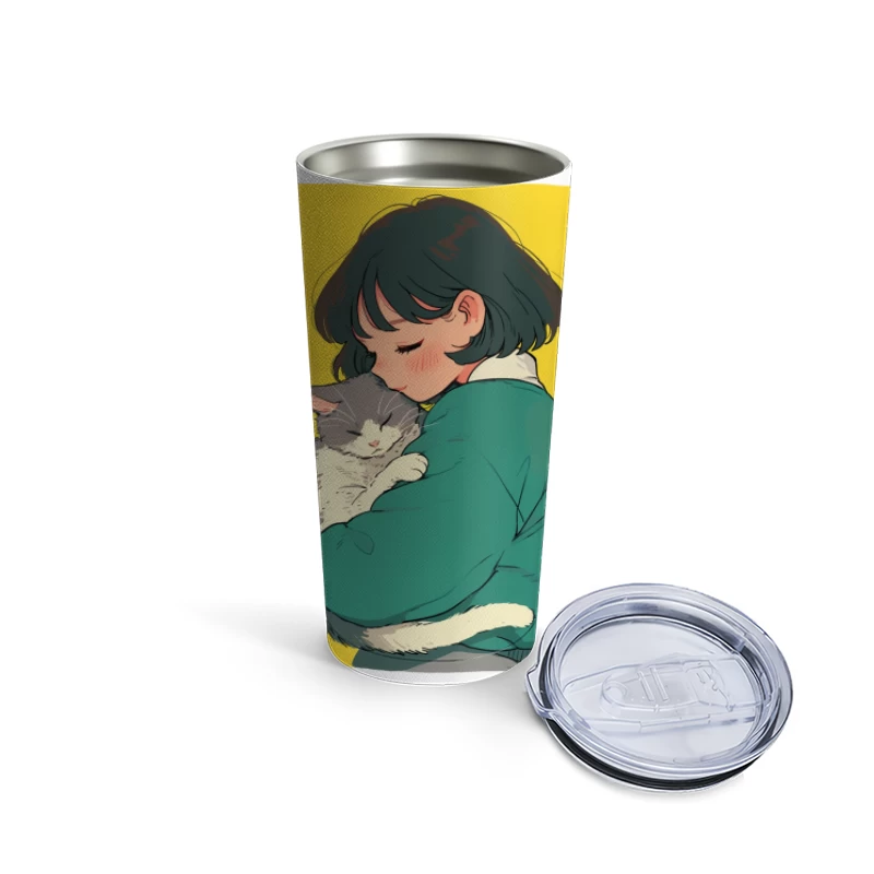 Gentle Embrace: Girl in Green Cuddling Gray Cat Travel Mug