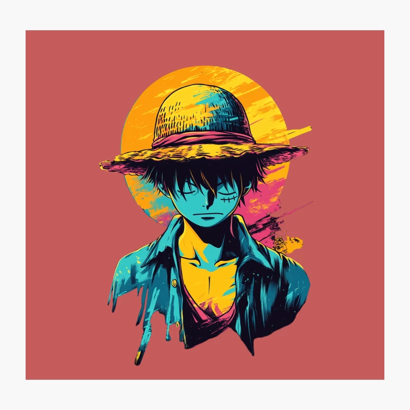 Vibrant Anime Character Portrait with Straw Hat in Pop Art Style Throw Pillow
