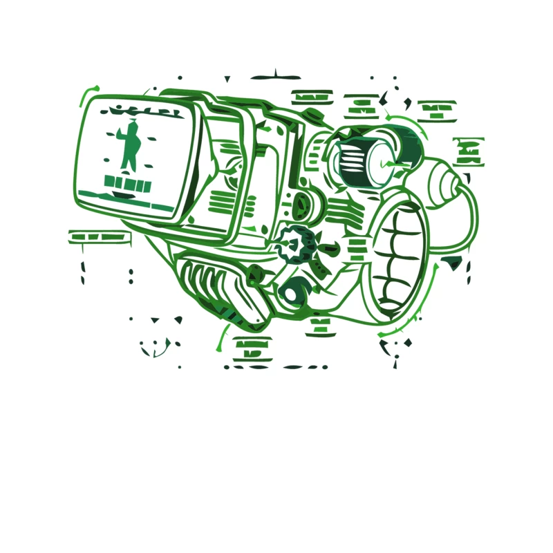 Vintage Green Video Camera Illustration: Retro Electronic Line Art Tapestry