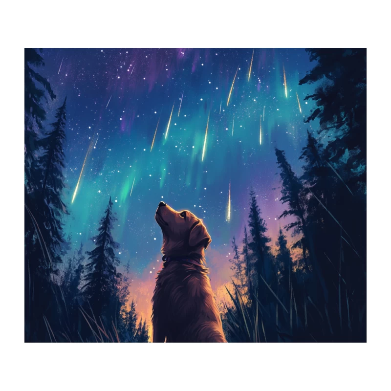 Stargazing Dog: A Canine's Wonder Under Meteors and Northern Lights Tapestry