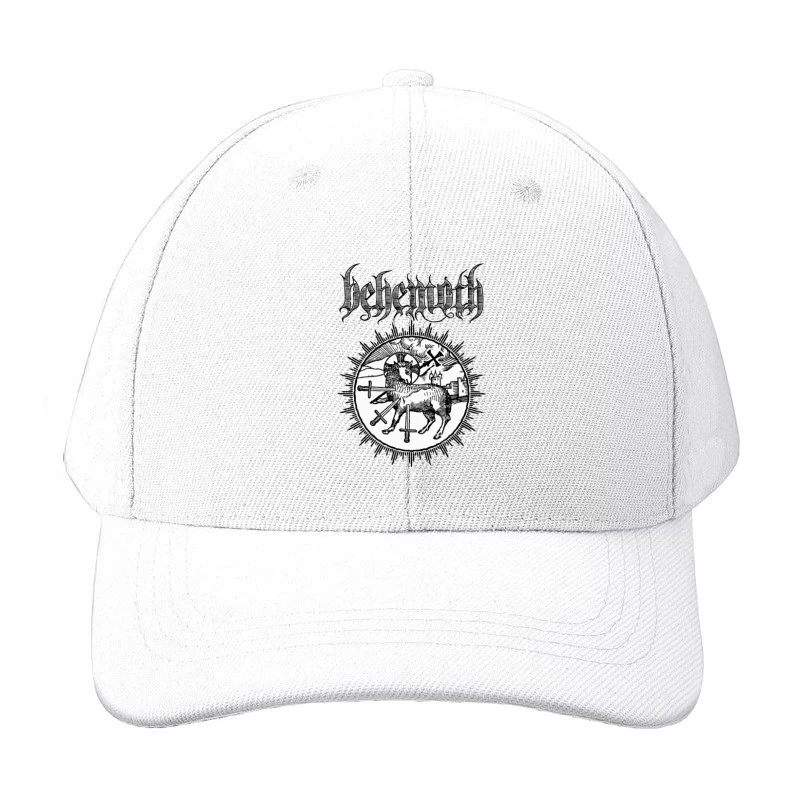 Occult Black Metal Logo with Medieval Lamb and Swords Baseball Cap