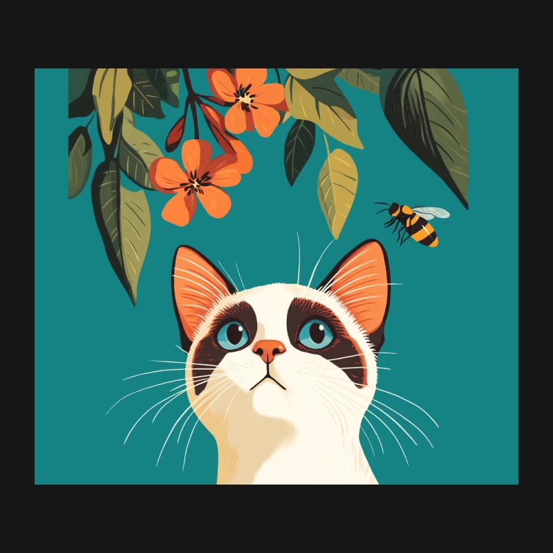 Curious Cat Admires Flowers and Bee in Colorful Illustration Mouse Pad