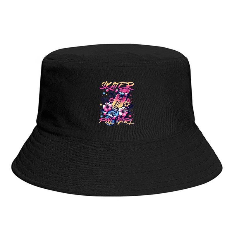 Tropical Skater Girl Typography with Floral Design Bucket Hat