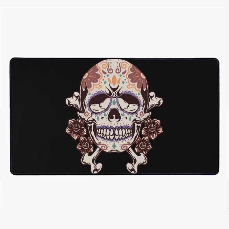 Decorative Skull with Crossbones and Floral Elements Desk Mat