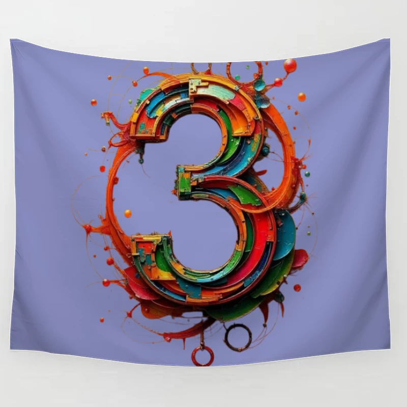 Vibrant 3D Number Three with Abstract Geometric Design Tapestry