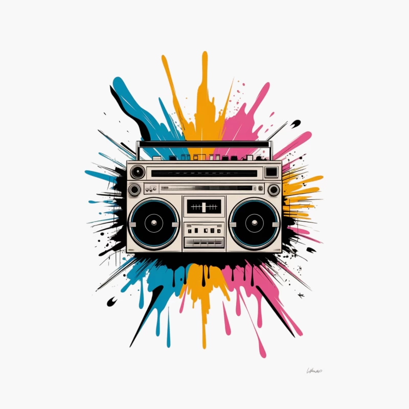 Retro Boombox with Colorful Paint Splash Art Cotton Tote Bag