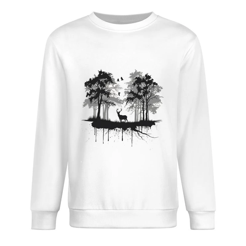 Silhouetted Forest Scene with Deer and Birds Male Pullover Sweatshirt