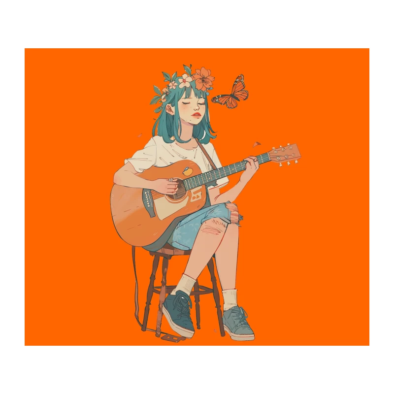 Dreamy Summer Melody: Illustrated Guitar Player with Flower Crown and Butterfly Tapestry