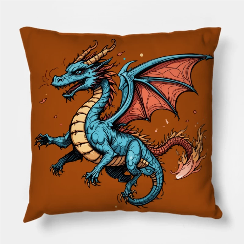 Colorful Blue Dragon Illustration Throw Pillow