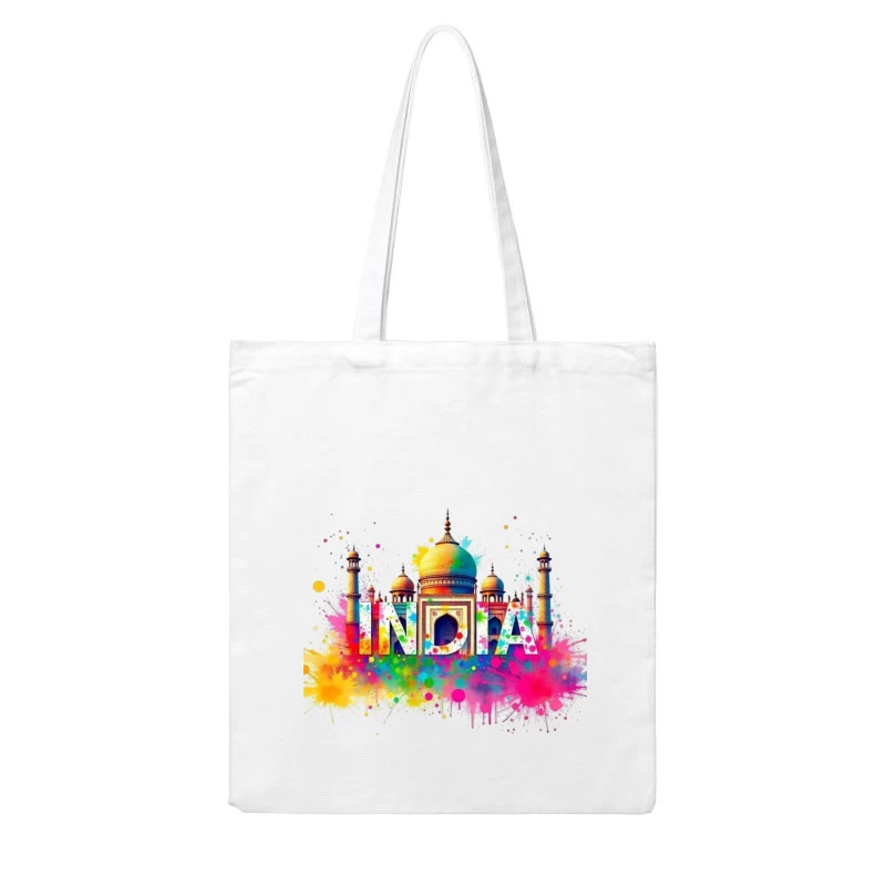 Vibrant Watercolor India Typography with Taj Mahal Silhouette Cotton Tote Bag