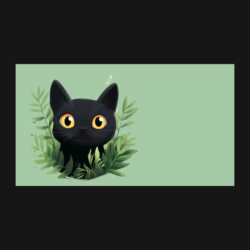 Adorable Black Cat Peering Through Green Leaves in Cartoon Style Desk Mat