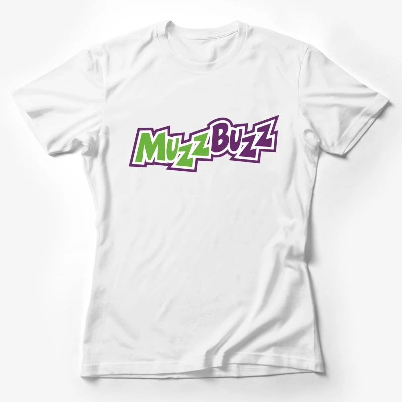 Muzz Buzz Beverage Brand Logo in Green and Purple Female T-Shirt