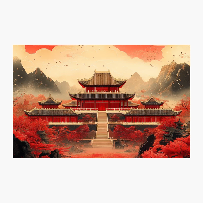 Majestic Chinese Temple Amidst Crimson Autumn Landscape Travel Mug