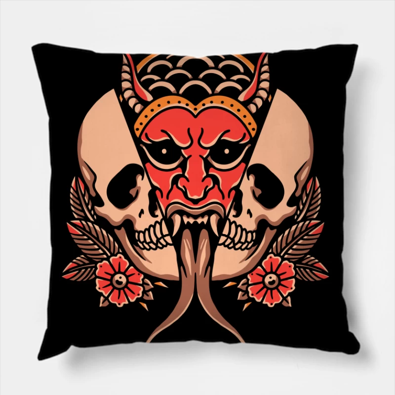 Fierce Demon and Skull Artwork Throw Pillow