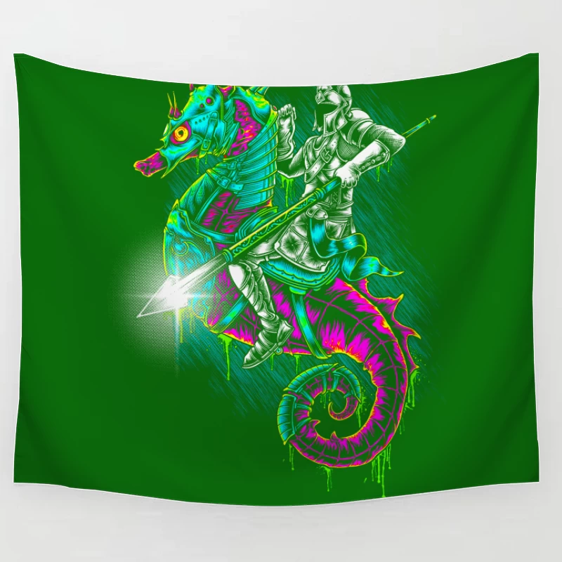 Knight Riding a Colorful Seahorse Tapestry