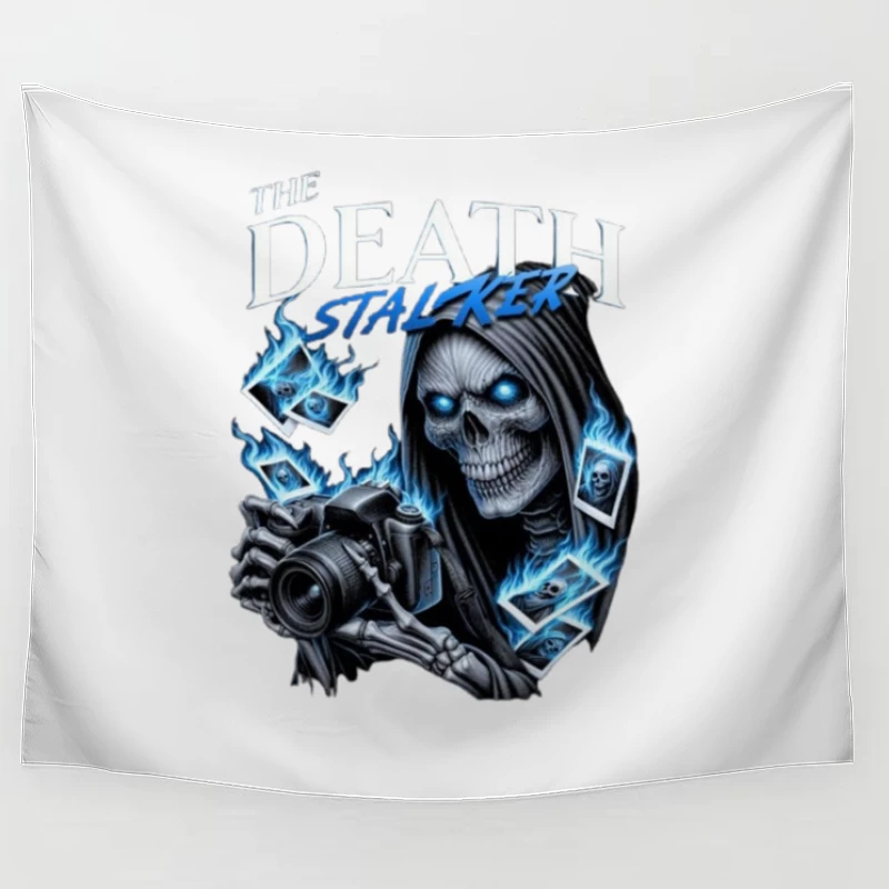 The Death Stalker: Skeletal Photographer with Blue Flames Tapestry