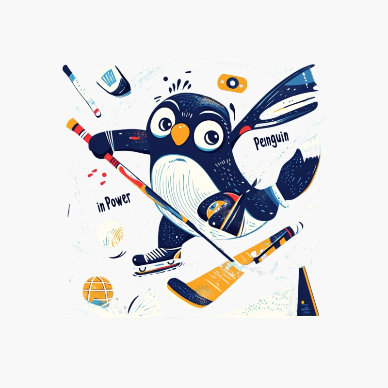Cute Cartoon Penguin Playing Ice Hockey Cotton Tote Bag
