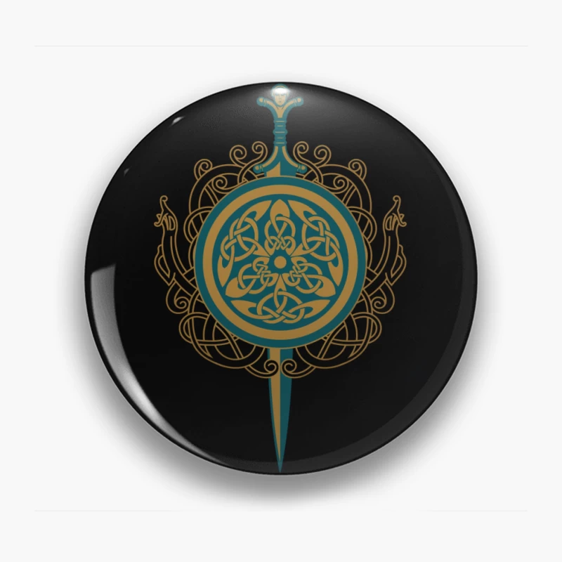 Intricate Celtic Knot Shield and Sword Design Pin