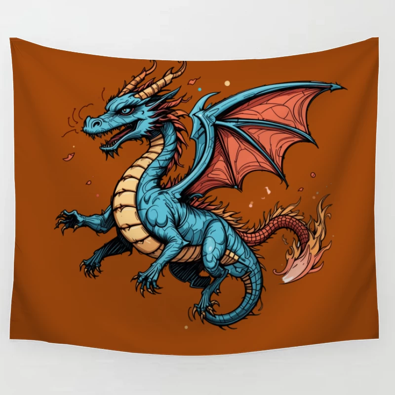Colorful Blue Dragon Illustration Tapestry