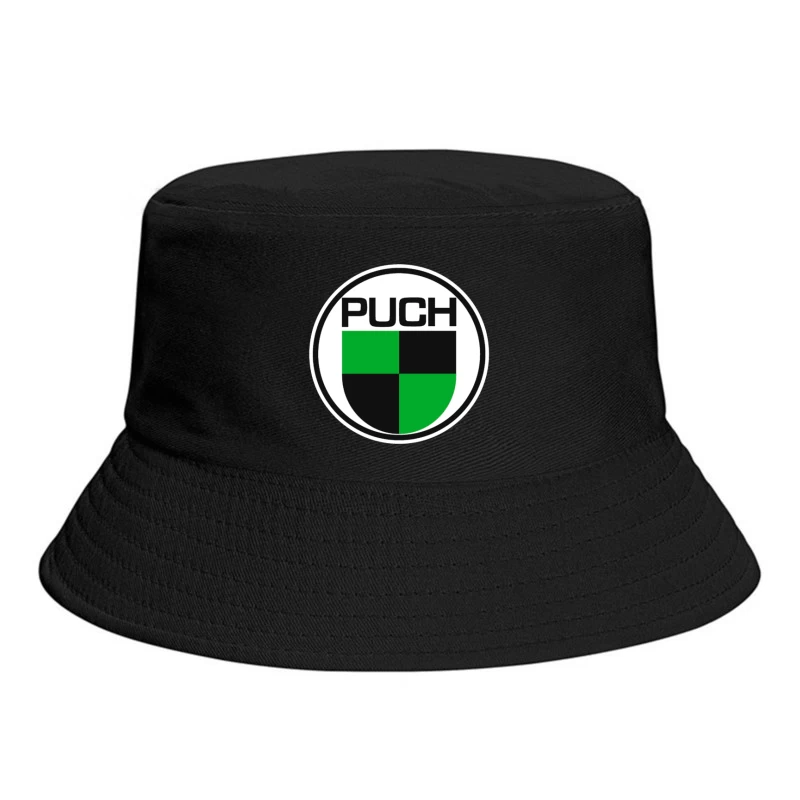 Vintage Puch Motorcycle Company Logo with Green and Black Shield Design Bucket Hat