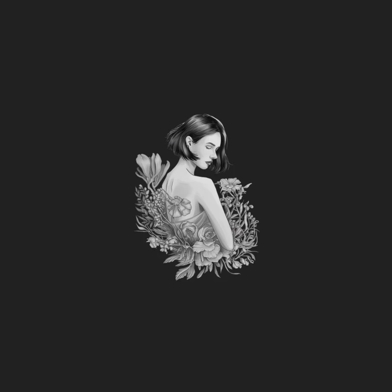 Artistic Black and White Portrait of Woman with Floral Elements Bucket Hat