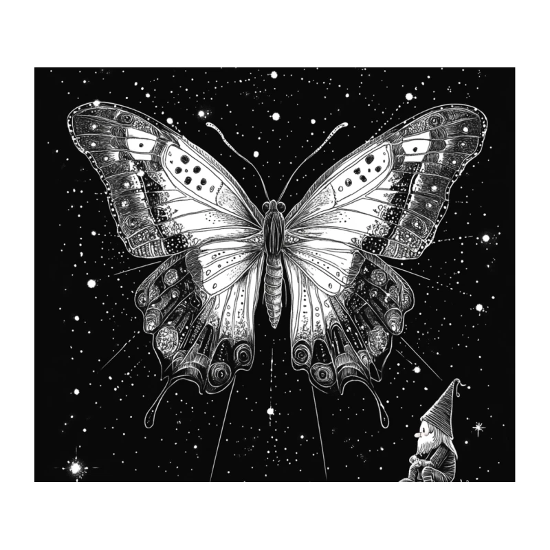 Cosmic Butterfly and Stargazing Gnome: A Whimsical Night Sky Fantasy Tapestry