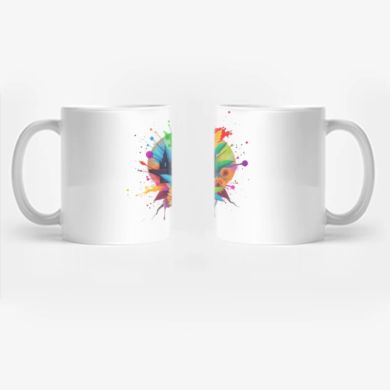 Vibrant Cathedral Silhouette with Rainbow Floral Splash Coffee Mug