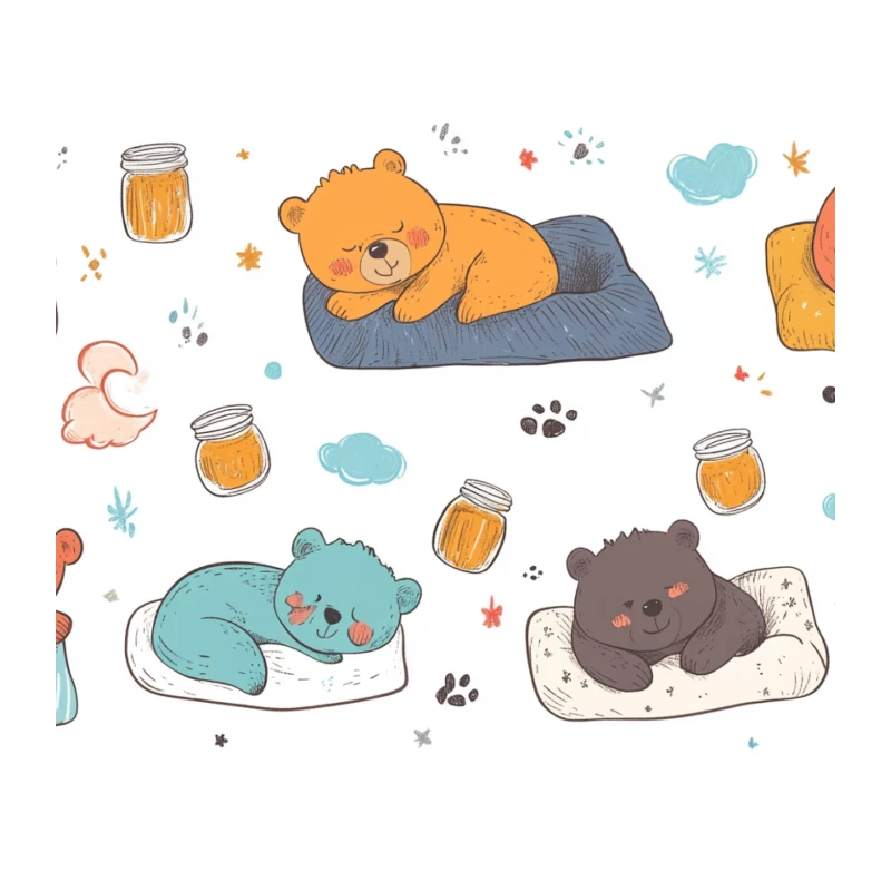 Sleepy Cartoon Bears: A Cute and Cozy Bedtime Illustration Tapestry