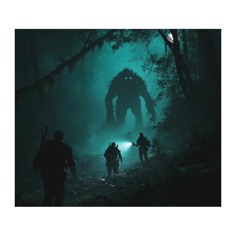 Mysterious Encounter: Soldiers Face Eerie Forest Monster Tapestry
