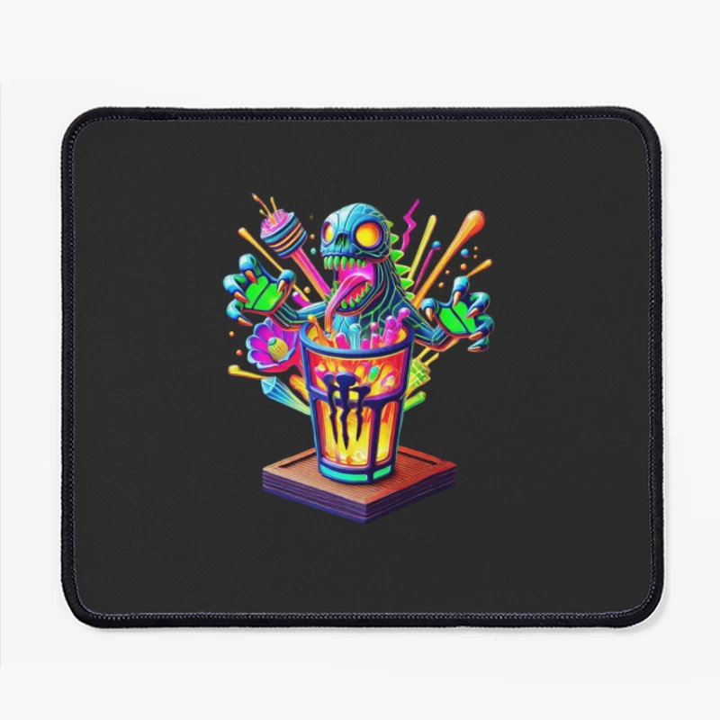 Psychedelic Monster Bursting from Colorful Drink Cup Mouse Pad