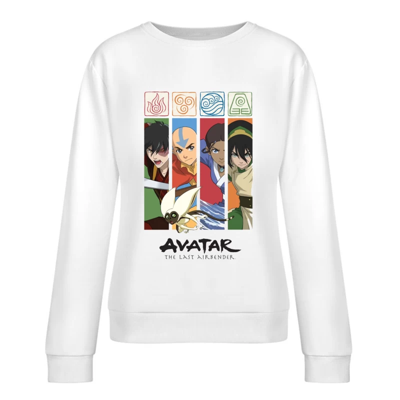 Avatar: The Last Airbender Character Panel with Elemental Symbols Female Pullover Sweatshirt