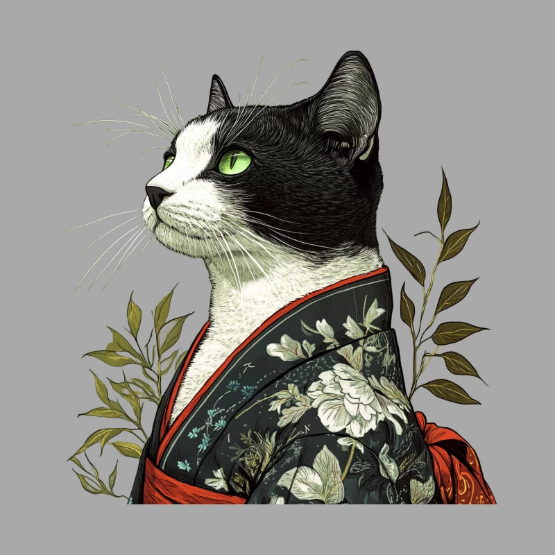 Artistic Portrait of Cat in Japanese Kimono Female Pullover Hoodie
