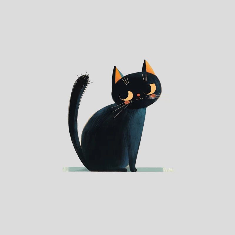 Adorable Black Cat Cartoon Illustration with Orange Ears Baseball Cap