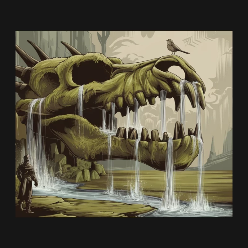 Surreal Dinosaur Skull Waterfall in Fantasy Ruins Mouse Pad