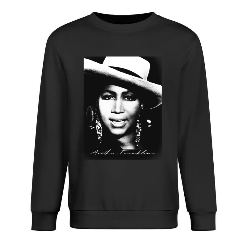 Classic Black and White Portrait with White Hat and Statement Jewelry Male Pullover Sweatshirt