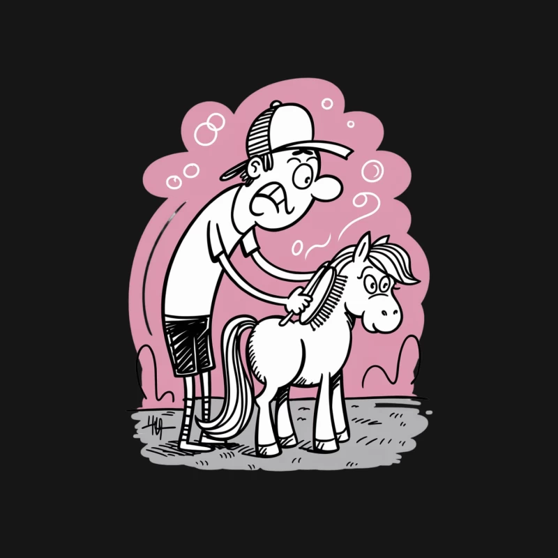 Comical Horse Grooming Scene: Man Brushes Tiny Steed Mouse Pad