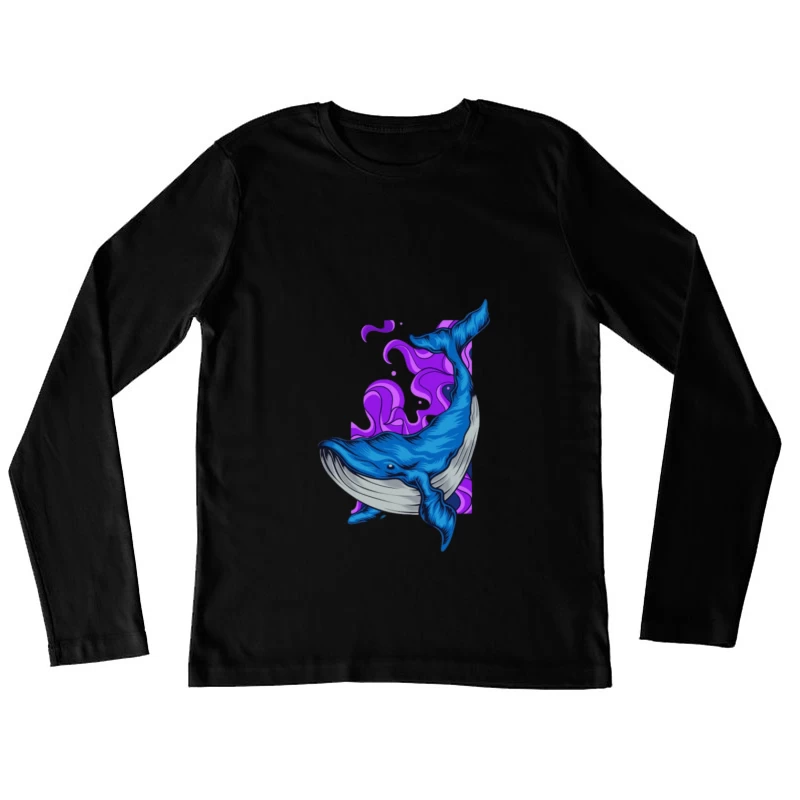 Blauer Wal mit lila Hintergrund Damen Langarm T-Shirt