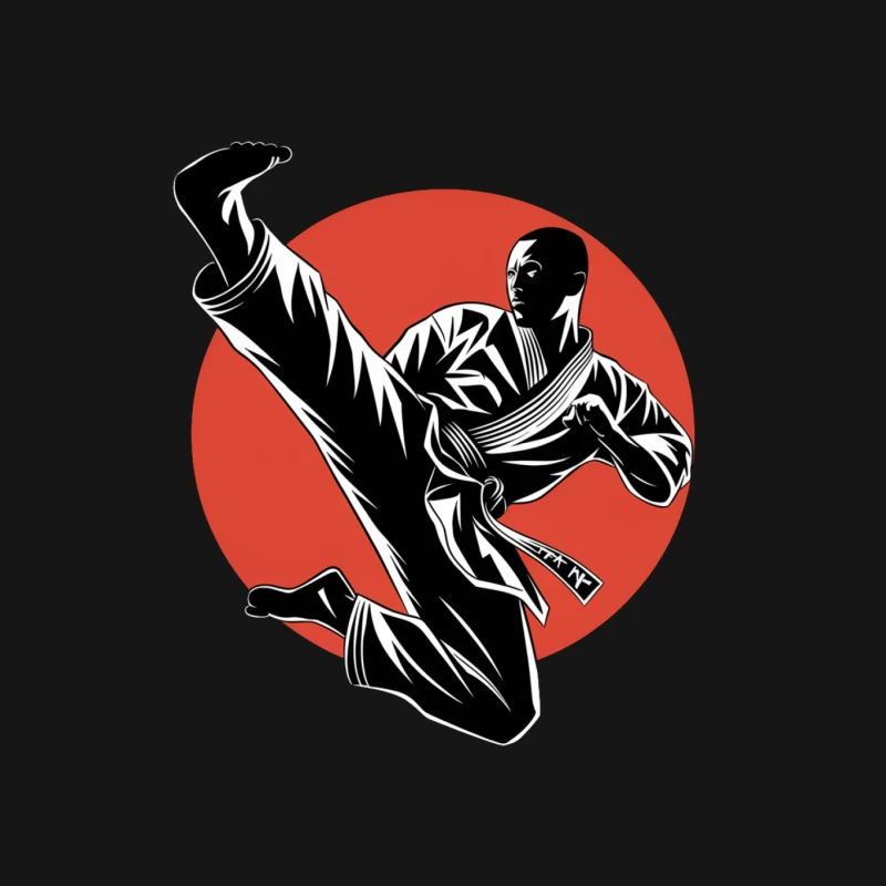 Dynamic Karate Kick Silhouette Against Red Circle Mouse Pad