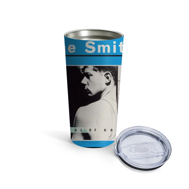 The Smiths "Hatful of Hollow" Album Cover with Black and White Portrait on Blue Background Travel Mug