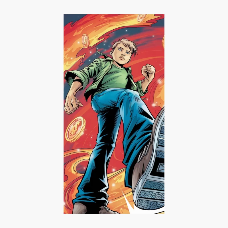 Dynamic Comic Art: Boy in Action with Fiery Coin Background iPhone Case