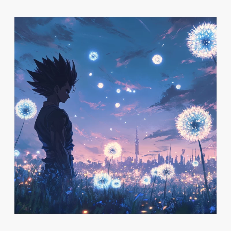 Anime Silhouette in Surreal Dandelion Field Overlooking Night Cityscape Throw Pillow