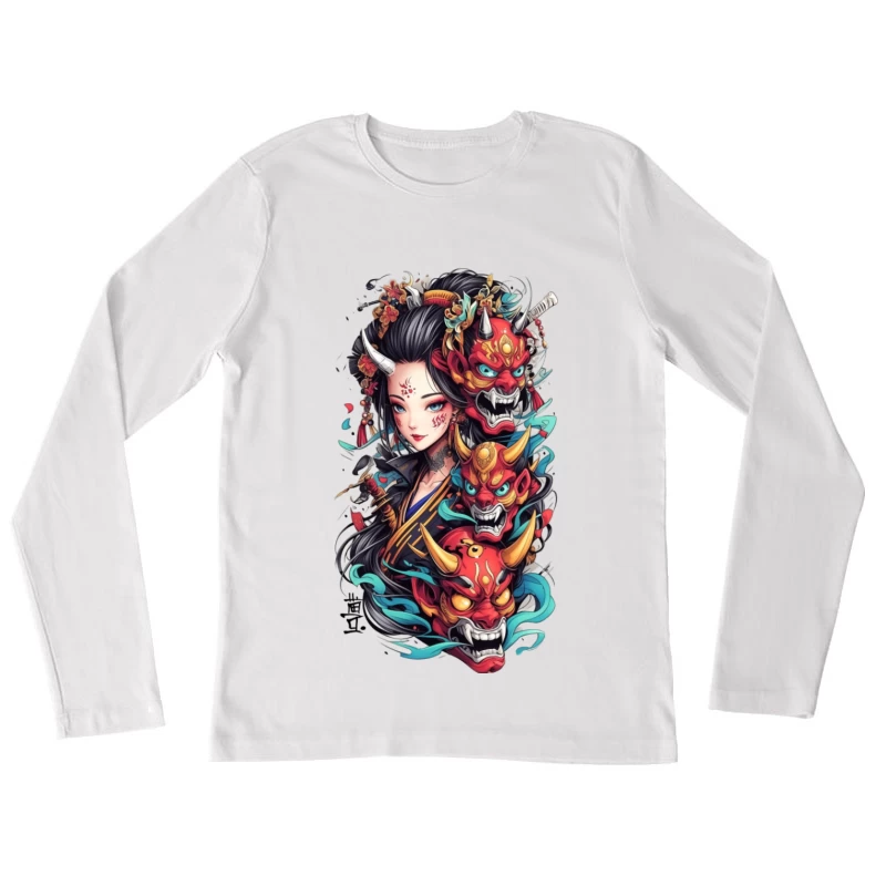Geisha mit Oni-Masken und Blumen Damen Langarm T-Shirt