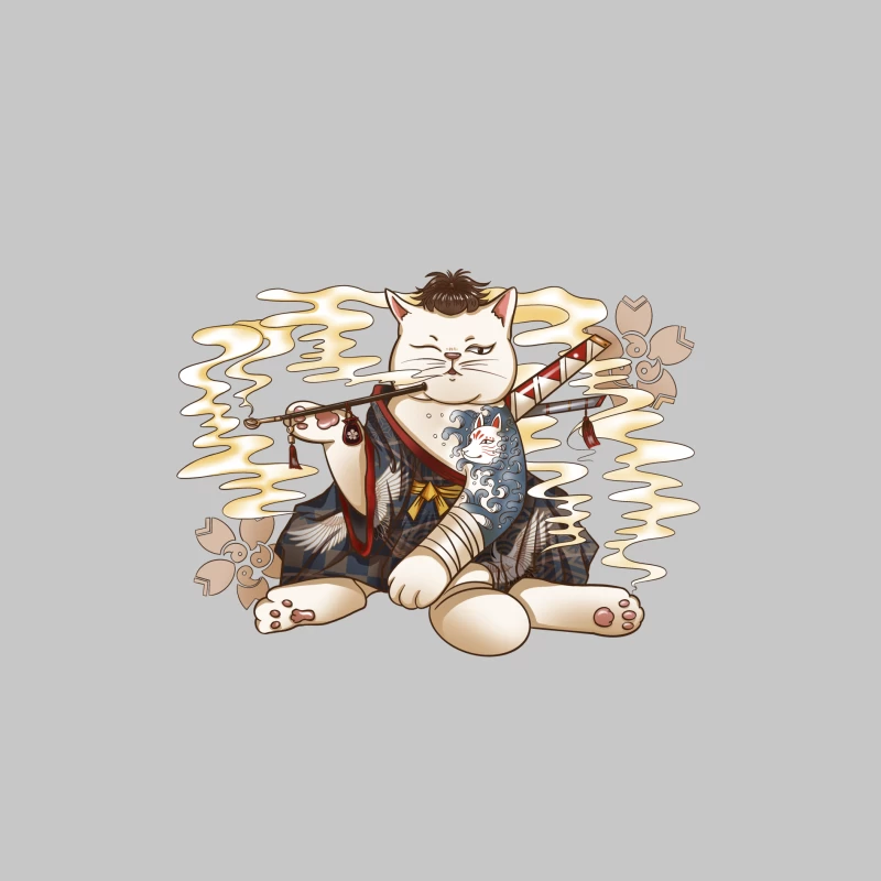 Samurai Katze mit Pfeife Herren Langarm T-Shirt
